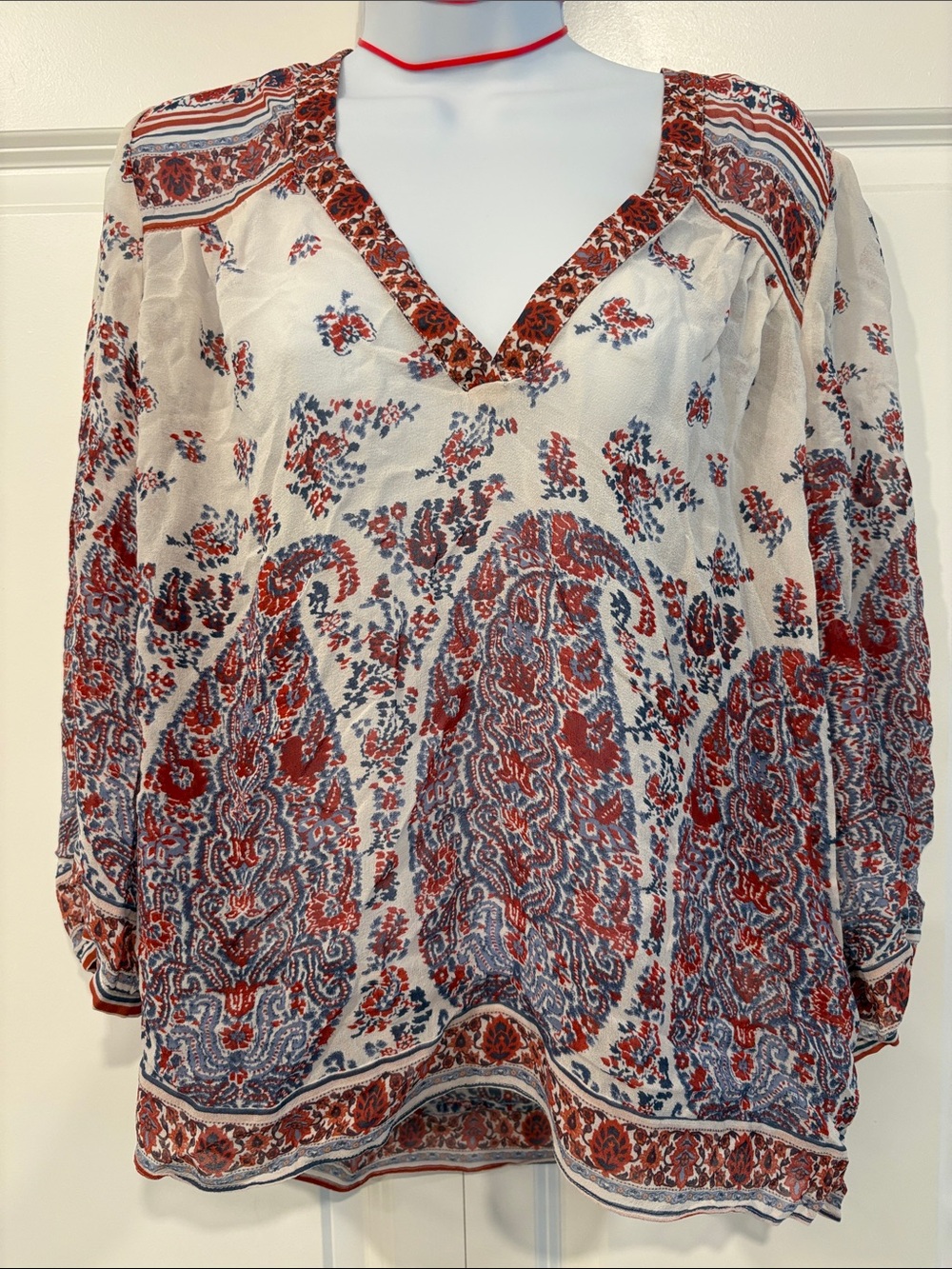 100% Silk Joie Fraizer Paisley Silk Boho pullover V-neck Top Size S